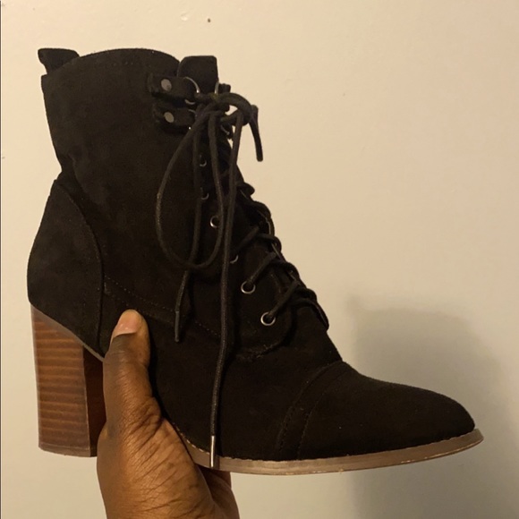 Black Ankle Laced Up Booties with Wooden Heel - Picture 5 of 5